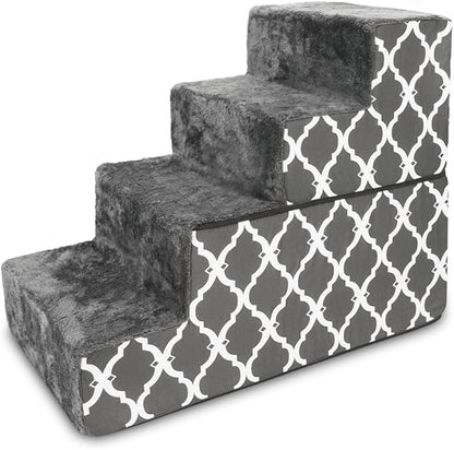 Best Pet Supplies Foldable Foam Pet Steps for Small Dogs and Cats, Portable Ramp Stairs for Couch, Sofa, and High Bed Climbing, Non-Slip Balanced Step Support, Paw Safe - Gray Lattice, 4-Step (H: 22")