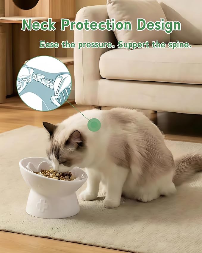 TRUVIC Ceramic Slow Feeder Cat Bowl, 15° Tilted Elevated Cat Slow Eating Bowl for Neck Protection, Anti Vomiting Dog Slow Feeder, Whisker Friendly & No Black Chin for Cats and Small Dogs, White