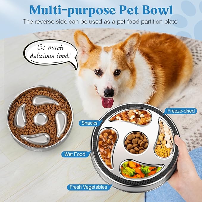 Slow Feeder Dog Bowls, 304 Stainless Steel Dog Slow Feeder Bowl 3.8 Cups Metal Dog Food Bowl with Non-Slip Bottom Shallow Slow Eating Dog Bowl for Small & Medium Breed Stop Bloat, Dishwasher Safe