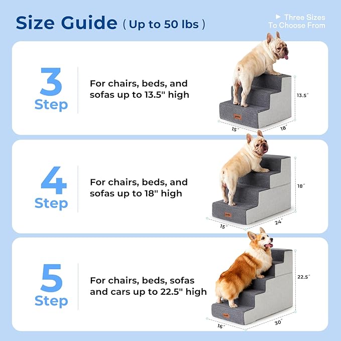 Dog Stairs for Small Dogs - Pet Stairs 2 in 1 with Zippers Suitable for Couch and Bed, 35D Foam Dog Steps with Non Slip Bottom Grey 4 Steps, Beige