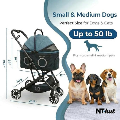 NT Hut WagZee Dog Stroller for Small & Medium Dogs & Cats, Foldable Pet Stroller with 360 Mesh Windows, One-Click Fold, Storage Basket, Cup Holder, Black Teal