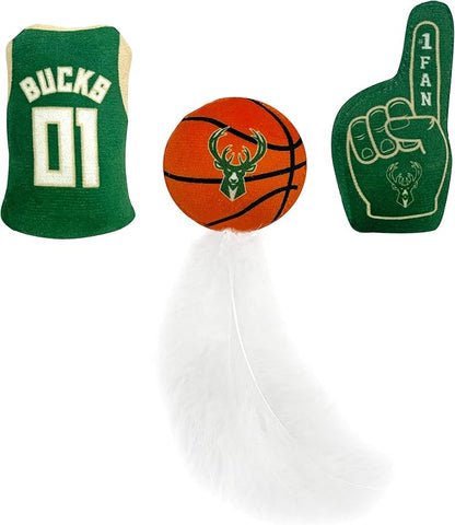 Best Plush CAT Toy NBA Milwaukee Bucks Complete Set of 3 Piece Cat Toys Filled with Fresh Catnip. Includes: 1 Jersey Cat Toy, 1 Basketball Cat Toy with Feathers & 1#1 Fan Cat Toy. Beautiful Team Logo