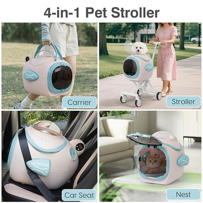 4 in 1 Foldable Pet Stroller with Detachable Carrier for Small Dogs & Cats, Space Capsule Travel Stroller with Inbuilt Fan,Temperature Display & Night Light,Puppy Kitty Doggie Bunny Stroller(Pink)