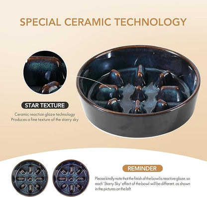 Ceramic 1.2 Cup Raised Slow Feeder Dog Bowl Set, Elevated 6.1inch Bowl and 7.3inch Slow Feeder Dish with Acacia Wood Stand for Small and Medium Dogs (2 x Starry Sky+ Stand)