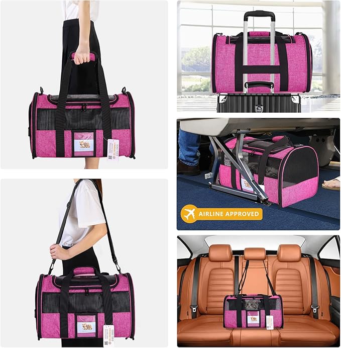 Airline Approved Cat Carrier, Soft-Sided Pet Travel Carrier for Cats and Small Dogs up to 15lbs, TSA Approved Under Seat Carrier with Collapsible Bowl, 17x12x11 Inch, Red