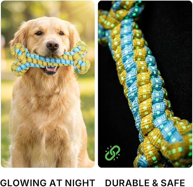Knot Rope Dog Bone Toy - Glow in the Dark Interactive Dog Chew Toy, Pet Teeth Cleaning Dental Toy for Small, Medium, and Large Dogs - Durable Material