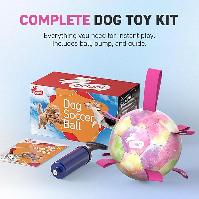 QDAN Dog Balls, Dog Soccer Ball with Straps, Pink Girl Puppy Toy Balls for Small Medium Dogs, Outdoor Water Pool Toys, Puppy Pet Birthday Gifts, Rainbow（6 Inch）