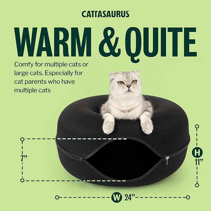 Cattasaurus Peekaboo Cat Cave Donut for Multiple & Large Cats up to 30-45 lbs, 3-in-1 Self Warming Cat Bed, Tunnel & Scratcher for Indoor Cats, Washable & Detachable Small Dog Bed (Black, Large)