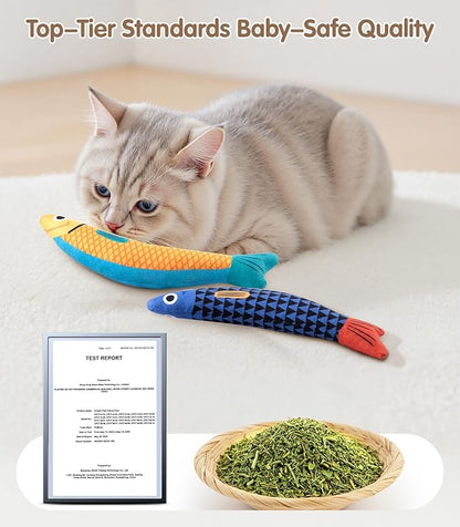 PetBusy Cat Toys with[5000mg A+Natural Catnip &Silvervine] [Baby Grade] Interactive Soft Chew Kicker Cat Toys for Indoor Cats & Kittens, [Crinkle &Bell] Fish Sound Toy, Drives Bored Cat Crazy with Fun