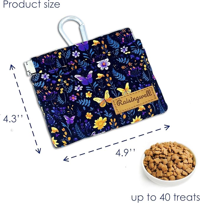 Raisingwell Dog Treat Pouch, Pocket Sized Pet Training Pouch, Cotton Fabric, Hand Free Purple Flower Dog Walking Bag with Carabiner, Self-Closing Pet Feed Snack Reward, for Puppy Travel or Outdoor Use