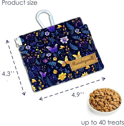 Raisingwell Dog Treat Pouch, Pocket Sized Pet Training Pouch, Cotton Fabric, Hand Free Purple Flower Dog Walking Bag with Carabiner, Self-Closing Pet Feed Snack Reward, for Puppy Travel or Outdoor Use