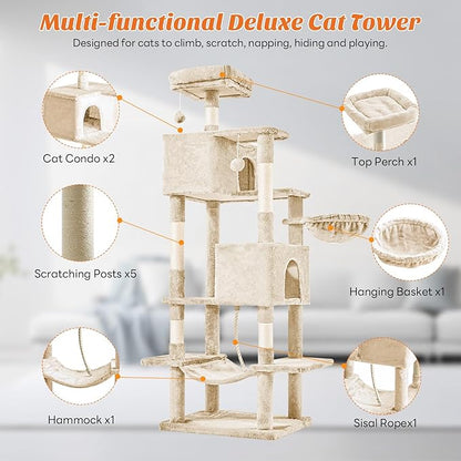 DUMOS Large 66 Inch Cat Tree Tower, Tall Multi Level Cat Climbing Tower with Natural Sisal Scratching Posts, Hammock, Pet Condo for Indoor Cats and Kittens Play, Beige