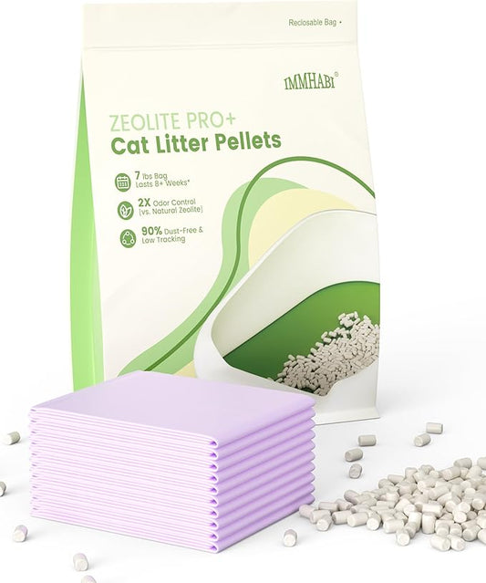 Enhanced Zeolite Cat Litter Pellets 7lbs & Cat Pee Pads 10 Count - Refill for Dual-Layer Litter Box Systems | Premium Stainless Steel Shifting Tray