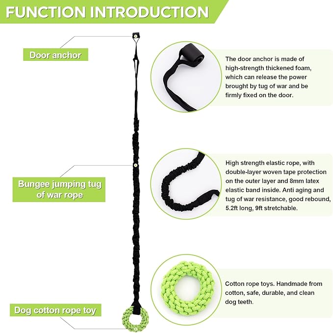 Dog Rope Toys Set with Door Anchor, Interactive Bungee Tug Toy for Indoor and Outdoor Play, Black and Green
