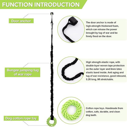 Dog Rope Toys Set with Door Anchor, Interactive Bungee Tug Toy for Indoor and Outdoor Play, Black and Green