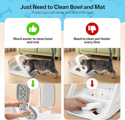 Cat Slow Feeder Bowls and Mat Set for Automatic Pet Care Feeder, YOIHABV 1 Slow Feed Single Bowl, 1 Puzzle Feeding Split Bowl, 1 Mat, Promote Healthy Eating, Non-Slip and BPA-Free, Easy to Clean