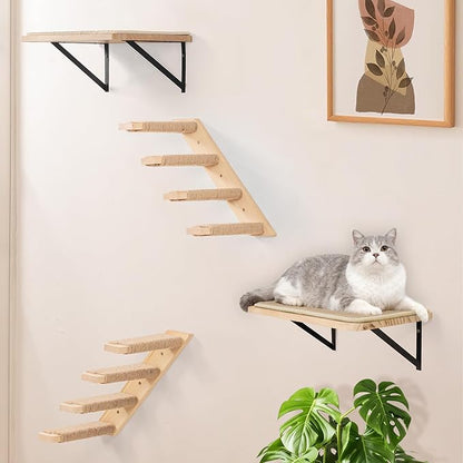 Cat Wall Furniture Set, 2PCS Cat Shelves & 2PCS 4 Steps Wall Shelves Stairs Tower Climbing Scratching Perches for Climbing Sleeping, Playing