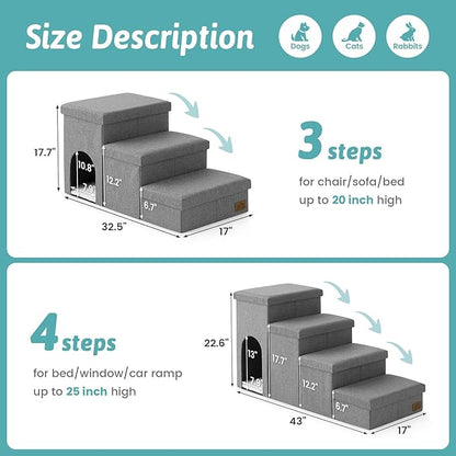 Dog Stairs with Storage, 4-Step Wider Sturdy Dog Steps for Small/Medium/Large Dogs and Older Cats, Doggie Ramp with Condo for Bed/Couch/Car Hold Up to 180 lbs (22.6" H, Grey)
