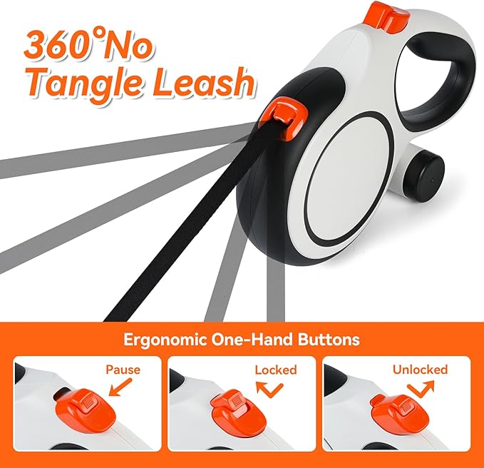 Upgraded Retractable Dog Leash with Chew Proof Cable, 26ft Heavy Duty Dog Leash for Large Dogs up to 110lbs, No-Tangle, Non-Slip Handle, One-Handed Brake, with Poop Bag Holder (Orange, L 26ft)