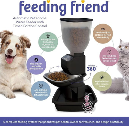 Feeding Friend® Automatic Dog & Cat Food Feeder with Water Dispenser – Smart Pet Feeder with Portion Control, OLED Display, Anti Jam Design, Battery Operated Dispenser for Medium Pets 15-30 - Black