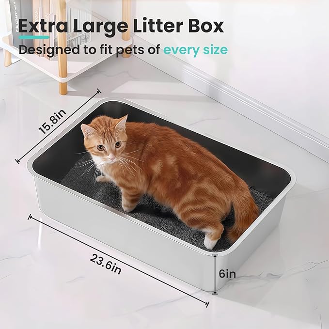 Extra Large Stainless Steel Cat Litter Box, 23.6”x15.8”x6” Metal Litter Box with High Sided for Small Big Cats, Odor Free Kitty Litter Tray, Non Sticky Indoor Litter Pan, XL