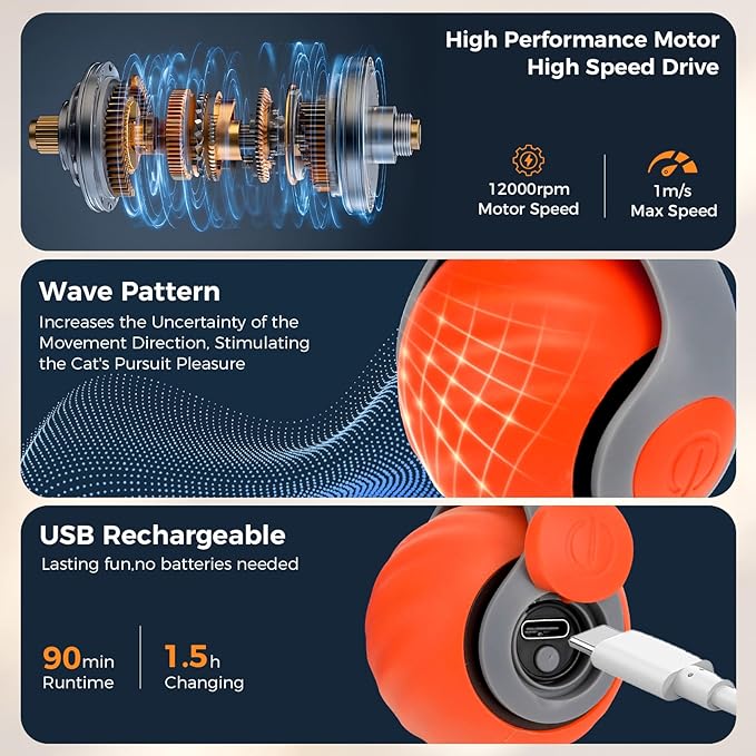 Automatic Interactive Cat Toy Ball with 3 Tails，Rechargeable Moving Cat Toy for Indoor Cats，Cat Toys Balls for Indoor Cats|Fun Interactive Cat Toys & Perfect Cat Gifts，cat ChaCe Toy，Motion Activated