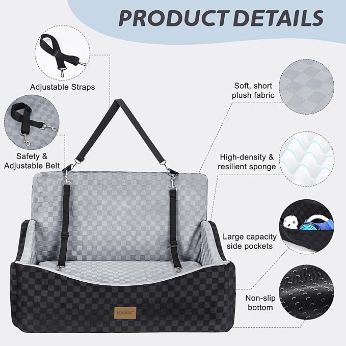 JOEJOY Dog Car Seat for Medium/Large Dogs - Reversible Dual-Sided Travel Dog Car Bed with Memory Foam, Washable Pet Booster Seat for Dogs up to 55 lbs or 2 Small Dogs, 2 Safety Leashes, Grey