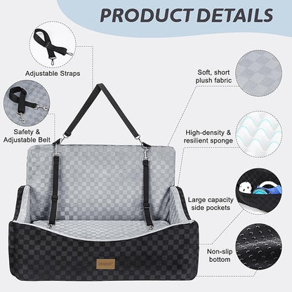 JOEJOY Dog Car Seat for Medium/Large Dogs - Reversible Dual-Sided Travel Dog Car Bed with Memory Foam, Washable Pet Booster Seat for Dogs up to 55 lbs or 2 Small Dogs, 2 Safety Leashes, Grey