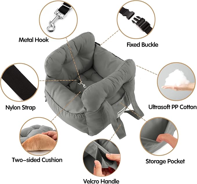 Dog Car Seat for Small Dogs, Portable Puppy Car Seat of Easy Installation, Fashionable Pet Carrier Bag with Large Pockets, Machine Washable Dog Booster Seat (Grey)