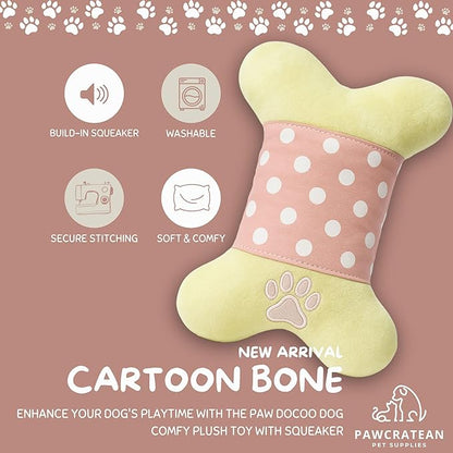 7" Squeaky Plush Toy for Puppies Small Dogs Self Etertainment Washable Soft Made [PET ONLY] (Pink Cartoon Bone)