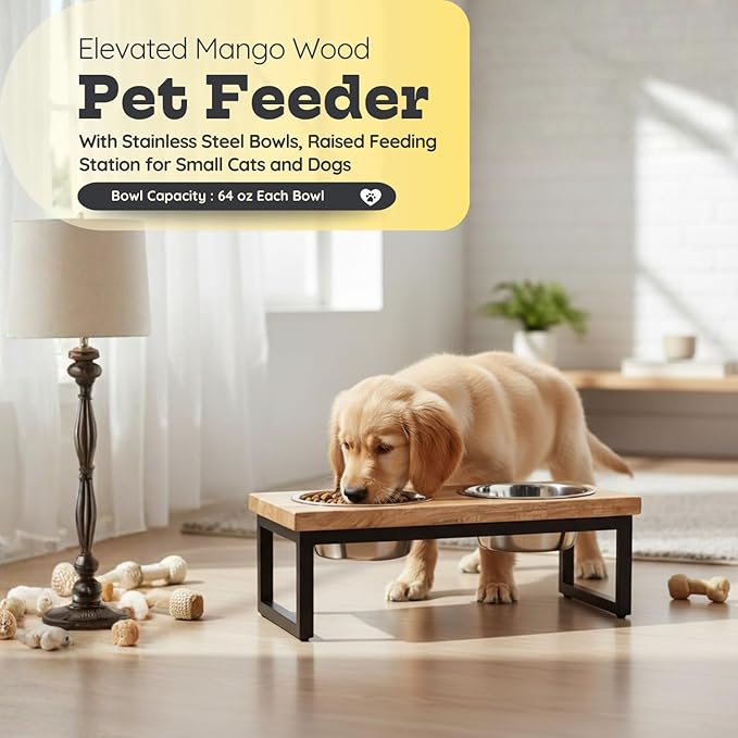 Elevated Dog Bowls, Medium 5.2 Height Mango Wood Raised Dog Bowl Iron Stand Frame with 64oz 2 Pcs Stainless Steel Pets Dishes, Food & Water 8Cup, 1.9L Capacity Nonslip Cat Feeding Station