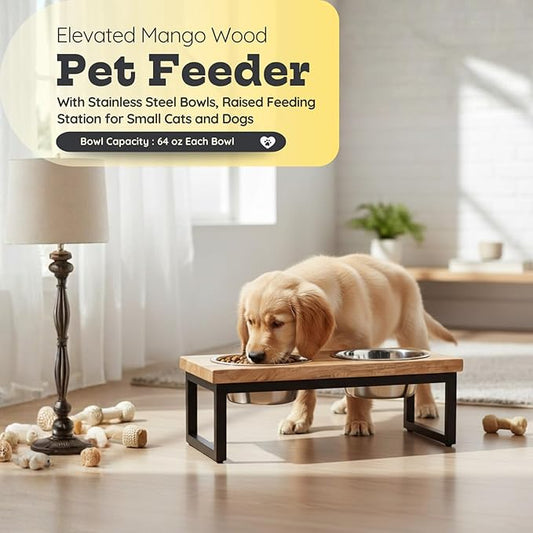 Elevated Dog Bowls, Medium 5.2 Height Mango Wood Raised Dog Bowl Iron Stand Frame with 64oz 2 Pcs Stainless Steel Pets Dishes, Food & Water 8Cup, 1.9L Capacity Nonslip Cat Feeding Station