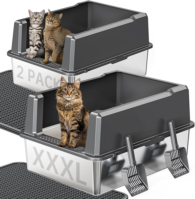 Extra Large XXL Stainless Steel Cat Litter Box with Lid, 26" L x 18" W x 12" H Metal Litter Box with Hight Sides for Big Cats & Multiple Cats, Never Absorbs Odors, Anti-Urine Leakage, Easy Cleaning