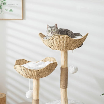Modern Cat Tree for Indoor Cats Large Adult, 46.5" Tall Wooden Cat Tower for Large Cats with Scratching Post, Luxury Cat Condo, White
