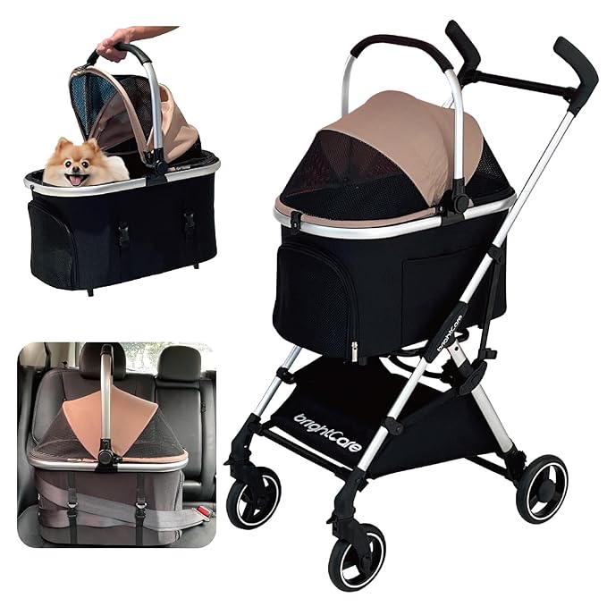 Pet Stroller for Small Dogs & Cats Under 20 lb with Detachable Carrier, Converts to Car Seat, Ultra-Lightweight only 11lb, One Hand Fold