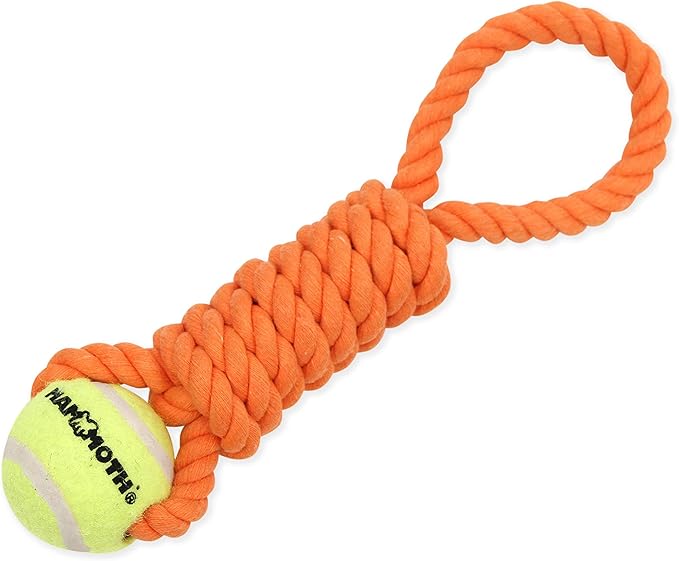 Mammoth Flossy Chews Twister Rope Toy with Tennis Ball – Premium Cotton-Poly Tug Toy for Dogs – Interactive Dog Tug Toy – Rope Dog Toy with Tennis Ball for Small Dogs - Mini 11" - Assorted Colors
