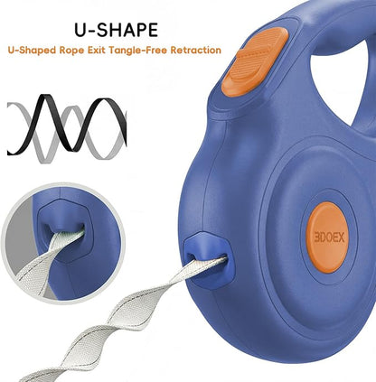 Retractable Dog Leash 10FT for Small & Medium Dogs, Sturdy Heavy-Duty Nylon Tape with Secure Locking Carabiner & Poop Bag Holder, Smooth One-Hand Control, Anti-Slip Handle, Tangle-Free Design (Blue)