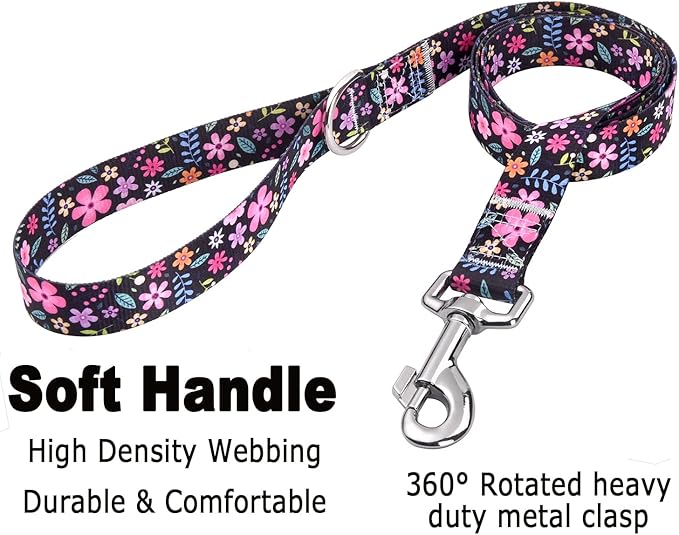 Dog Collar and Leash Set with Bohemia Floral Tribal Geometric Patterns - Soft Ethnic Style Collar Adjustable for Small Medium Large Dogs(Floral Set,S)