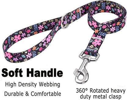 Dog Collar and Leash Set with Bohemia Floral Tribal Geometric Patterns - Soft Ethnic Style Collar Adjustable for Small Medium Large Dogs(Floral Set,S)