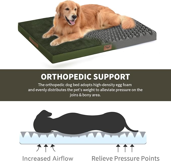 Flat Extra Large Dog Bed, Jumbo Waterproof Dog Bed for Large Dogs, Orthopedic Egg Crate Foam Pet Mat with Removable Washable Cover, Olive Green