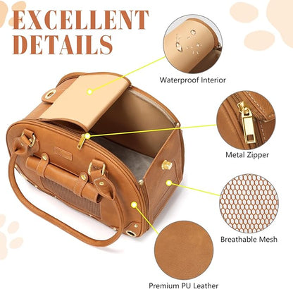PetsHome Dog Carrier Purse, Pet Carrier, Foldable Waterproof Premium PU Leather Pet Travel Portable Bag Carrier for Cat and Small Dog Home & Outdoor Small Brown