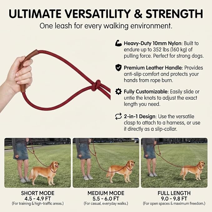 Tails & Tales Hands Free Dog Leash for Walking Running Training, Adjustable Lead Up to 9.8ft, Dogs Up to 125lbs, Crossbody, Dual Handle, Multifunctional, Double Attachment for 2 Dogs (Winery Red)