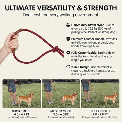 Tails & Tales Hands Free Dog Leash for Walking Running Training, Adjustable Lead Up to 9.8ft, Dogs Up to 125lbs, Crossbody, Dual Handle, Multifunctional, Double Attachment for 2 Dogs (Winery Red)
