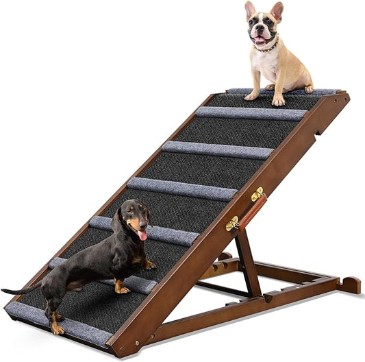 Dog Ramp for Bed, Extra Wide 17", Non-Slip Rubber Surface, Adjustable Folding Pet Ramps for Small & Large Dogs up to 200lbs, Walnut Wood Stairs for Old Dachshund/Labrador to Get on High Couch or Car