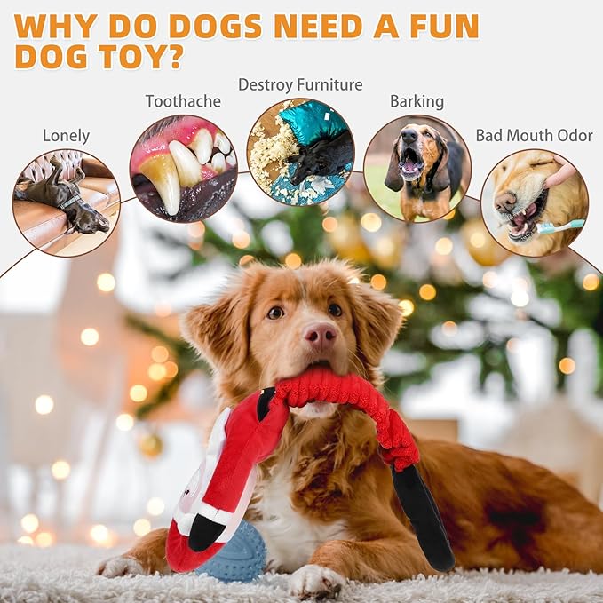KOOLTAIL Christmas Santa Dog Toys, Tough Plush Dog Chew & Squeaky Toys with Crinkle Paper, Interactive Training & Tug of War Puppy Teething Toy for Indoor Outdoor Play for Small Medium Large Dogs