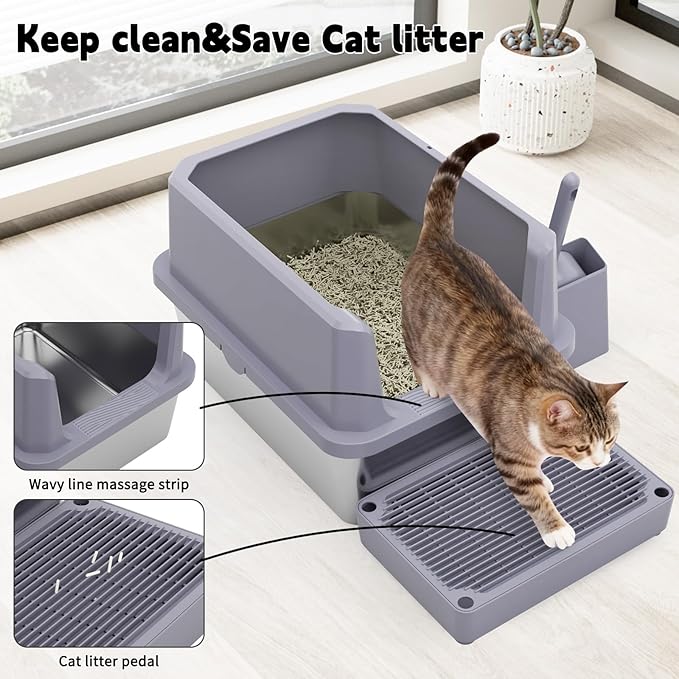 RIZZARI Cat Litter Box: Pink Stainless Steel Won’t Trap Odors - Easy Rinse Clean Non-Porous - Open Top Design - 11.6" High Sides - 17.3"x13.5" - with Scoop - Studio Apartment/Bathroom
