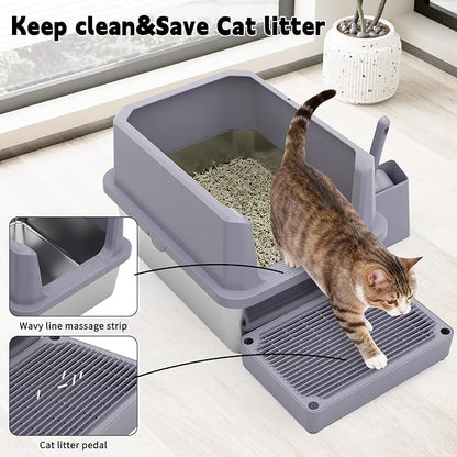 RIZZARI Cat Litter Box: Pink Stainless Steel Won’t Trap Odors - Easy Rinse Clean Non-Porous - Open Top Design - 11.6" High Sides - 17.3"x13.5" - with Scoop - Studio Apartment/Bathroom