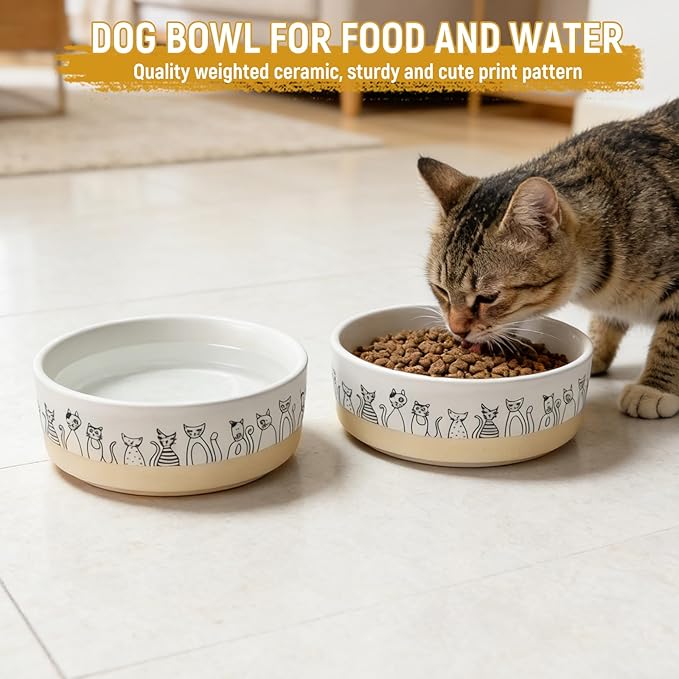 Ceramic Cat Bowls Set of 2，6.1inch Wide Cat Food Bowl with Cute Patterns Printing for Small Medium and Large Breed Dogs and Cats,Weighted Pet Feeding Dishes for Food and Water Dishwasher Safe