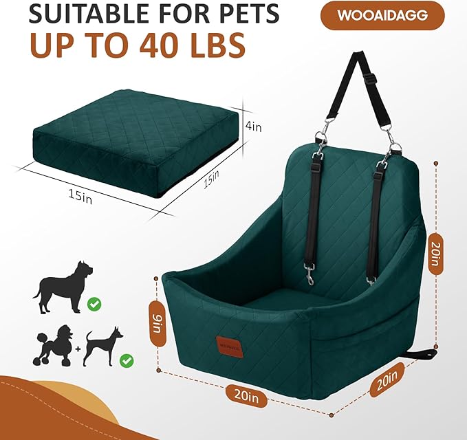 WOOAIDAGG Dog Car Seat for Medium Dogs, Pet Travel Bed with Seat Belt Channel, Fully Detachable and Washable, 3 Straps Easy to Install (Green)