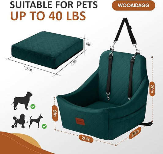 WOOAIDAGG Dog Car Seat for Medium Dogs, Pet Travel Bed with Seat Belt Channel, Fully Detachable and Washable, 3 Straps Easy to Install (Green)